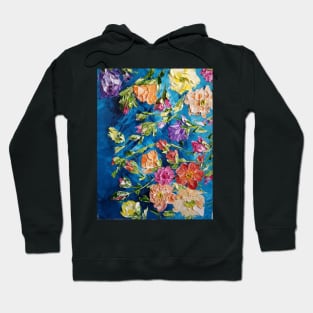 Teal with Bright Colorful Flowers, Flowers on Teal Painting, Bright bold colorful flowers, color pop decor, colorful artwork, floral decor Hoodie